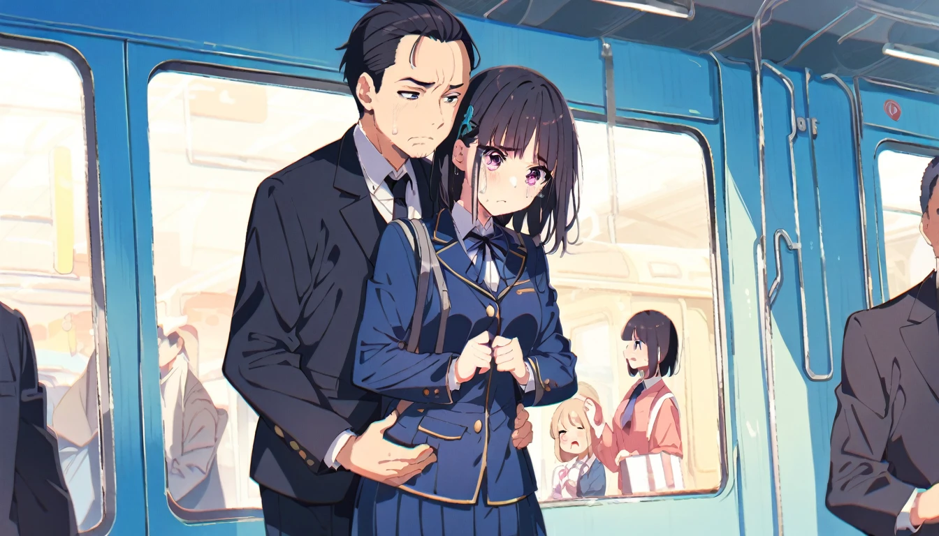 A middle-aged man is touching the buttocks of a crying girl in a blazer uniform with black bob hair who is holding on to the handrail of a train