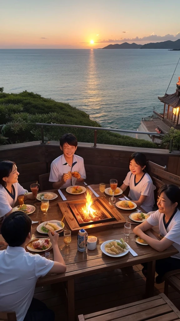 The sunset sky and calm sea spread out in the background.、A Kuki Navy ship is anchored on the coast of a small island nation.。The sailors took off their armor、relaxing。In the big central square、a party is being held。The warm light of the torches illuminates the surroundings.、The flag of victory is waving。Fresh fish and mountain delicacies are laid out on a large wooden table.、The soldiers are smiling and sharing drinks.。Yoshitaka Kuki sits in the center.、Holding a cup in hand, he is chatting with his friends.。Music is playing、The sounds of drums and flutes liven up the feast.。The women performed a dance、The children are playing happily。The fragrant aroma of grilled fish fills the air.、Everyone is having fun, forgetting the fatigue of the battle.。