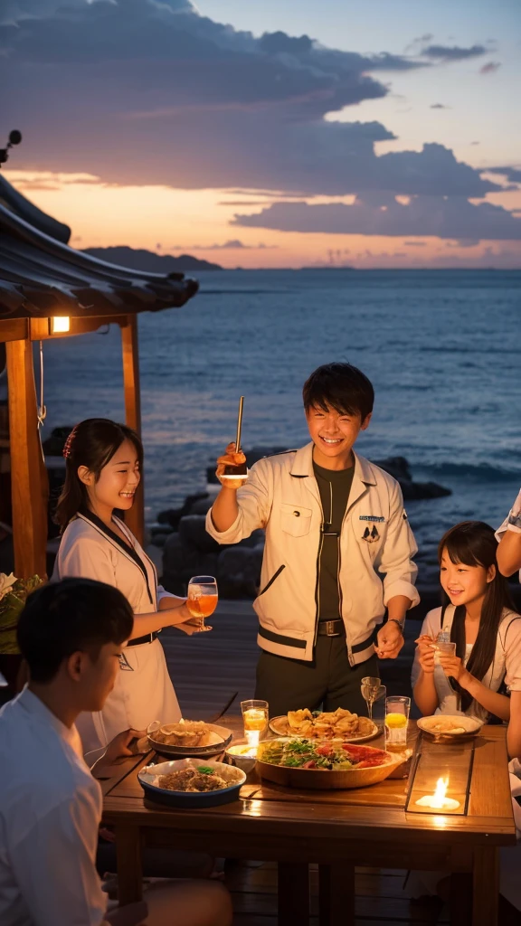 The sunset sky and calm sea spread out in the background.、A Kuki Navy ship is anchored on the coast of a small island nation.。The sailors took off their armor、relaxing。In the big central square、a party is being held。The warm light of the torches illuminates the surroundings.、The flag of victory is waving。Fresh fish and mountain delicacies are laid out on a large wooden table.、The soldiers are smiling and sharing drinks.。Yoshitaka Kuki sits in the center.、Holding a cup in hand, he is chatting with his friends.。Music is playing、The sounds of drums and flutes liven up the feast.。The women performed a dance、The children are playing happily。The fragrant aroma of grilled fish fills the air.、Everyone is having fun, forgetting the fatigue of the battle.。