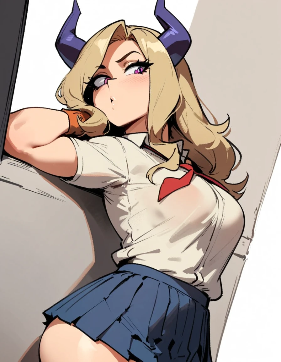 1girl, mount lady, boku no hero academia \\\\\ masterpiece, best quality, very aesthetic, absurdres, newest \\\\\\ sportive body, \\\\\\ by dodok, nyantcha, cutesexyrobutts, by khyle ///// blonde, purple eyes, (school uniform:1.2), skirt, , 24 years old, white background,tie,leaning on wall, striped panties, rear view,below view, ,