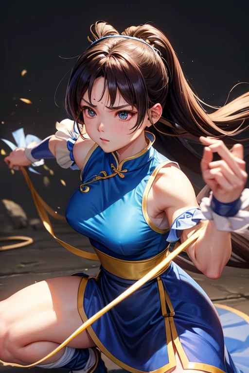 Chun-Li from Street Fight II,Chun-Li Costume,Blue Chinese dress with gold lines,Bunhead、Highest quality, 超High resolution、(High resolution)、(8K)、(Very detailed),Diagonal bangs、masterpiece, Highest quality, masterpiece, Highest quality, Brown eyes with white sclera, Bad move -5, alone, 1 Girl,  Brown Hair, From SF2,  Muscular woman, Blue clothes, pantyhose, Pelvic Curtain, Puff short sleeves.
His hands are tied up with a thick rope。
Both legs are tied with a thick rope。
On one knee。
pantyhoseは切り刻まれている。
The blue cheongsam is cut into pieces。
chest is showing。
Bleeding from arms or legs。
Crippling。
I am in agony。
You are under attack by an enemy。
I&#39;m somehow maintaining my posture。