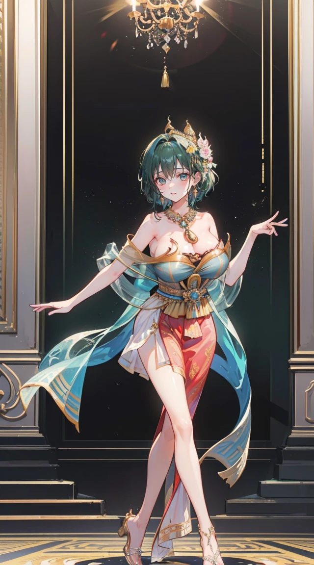(2 young women ,beautiful woman)，smile，(light green short hair)，nobility，(princess)，blue student，Tall figure，((Strapless Thai dress))，low skirt，(Strapless Thai dressที่ไม่ทีสาย)，lolita skirt，Show your legs，Barefoot，red carpet，prom website，(nobility)，(big tits),(Various poses),Highest quality、Highest picture quality、Masterpiece,, ,(((Umbilical drive,dance,dance,Thai dance))),(large areolae:1.4,pink,The nipples are clearly visible......),(((bare breast:1.37)))