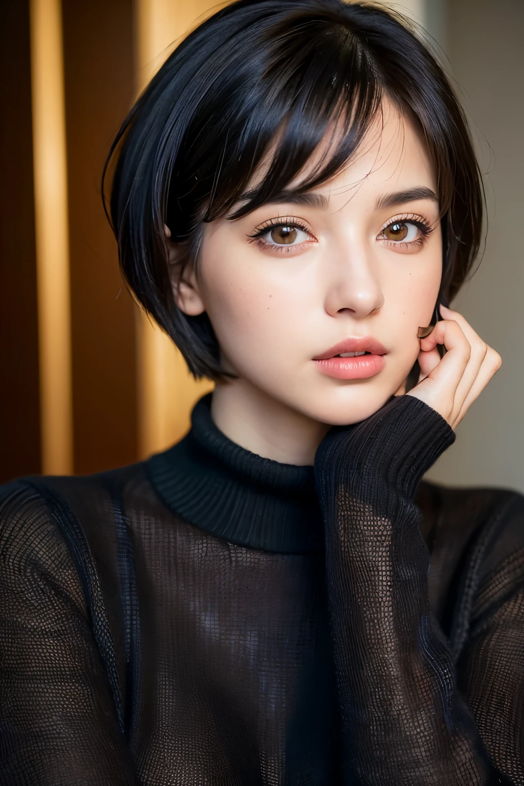 (masterpiece:1.3), (8k, photorealistic, RAW photo, best quality: 1.4), (1girl), beautiful face, (realistic face), (black hair, short hair:1.3), beautiful hairstyle, realistic eyes, beautiful detailed eyes, (realistic skin), beautiful skin, (sweater), absurdres, attractive, ultra high res, ultra realistic, highly detailed, golden ratio, NSFW