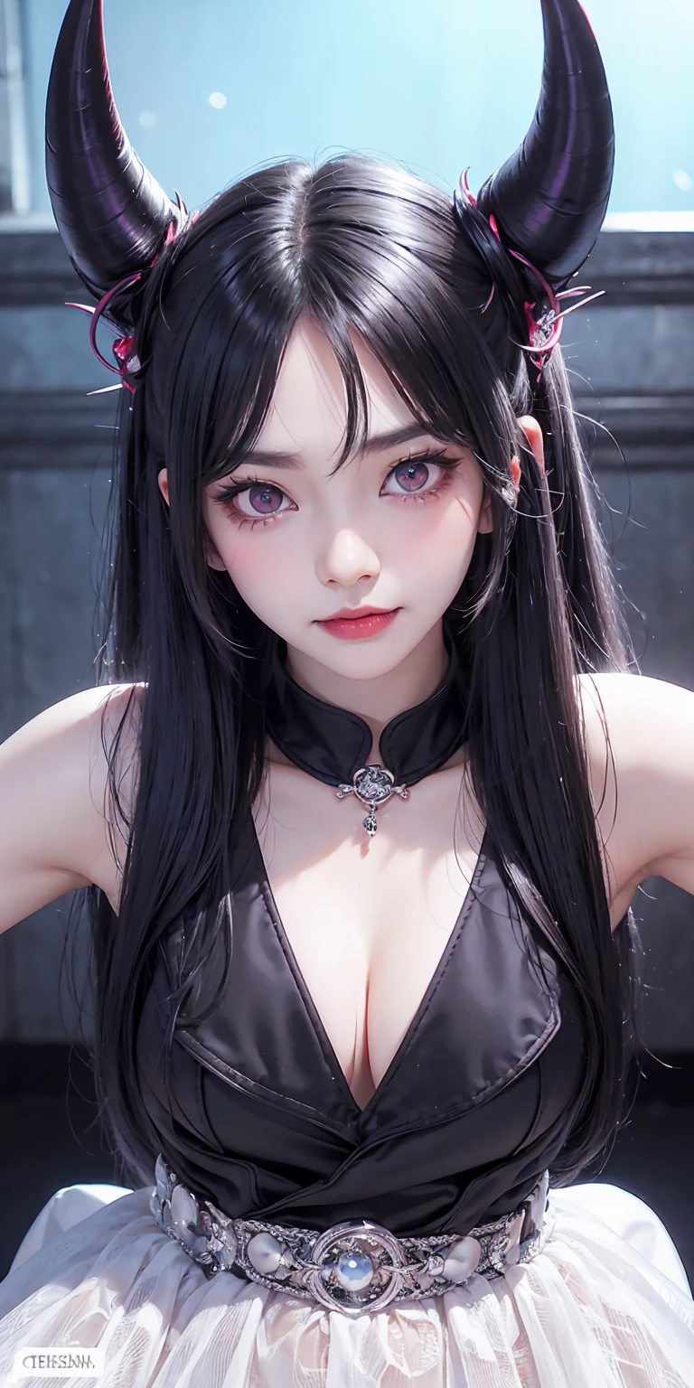 black hair, hair bobbles, wince, longeyelashes, solid circle eyes, fake animal ears, light smile, ear blush, fang, ccurate, horns, demon horns, dilated pupils, eye reflection, glowing eyes, red eyes, color contact lenses, longeyelashes, makeup, blush, v-shaped eyebrows, seductive smile, light blush, Surrealism, drop shadow, anaglyph, stereogram, tachi-e, pov, atmospheric perspective, 8k, super detail, best quality