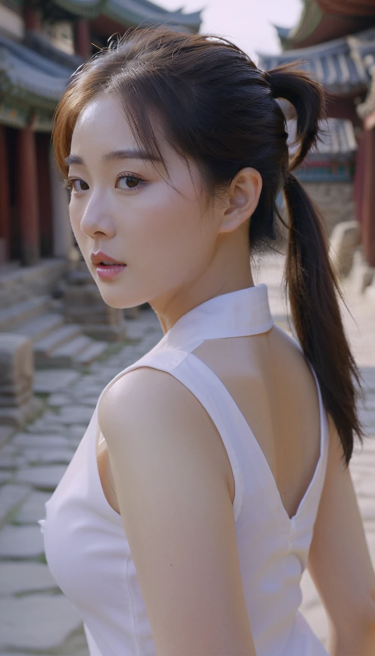 extreme close-up of beautiful korean female, 34 inch breasts size, ponytail, wearing sleevesless shirt, walking in ancient city, cinematic scene,UHD