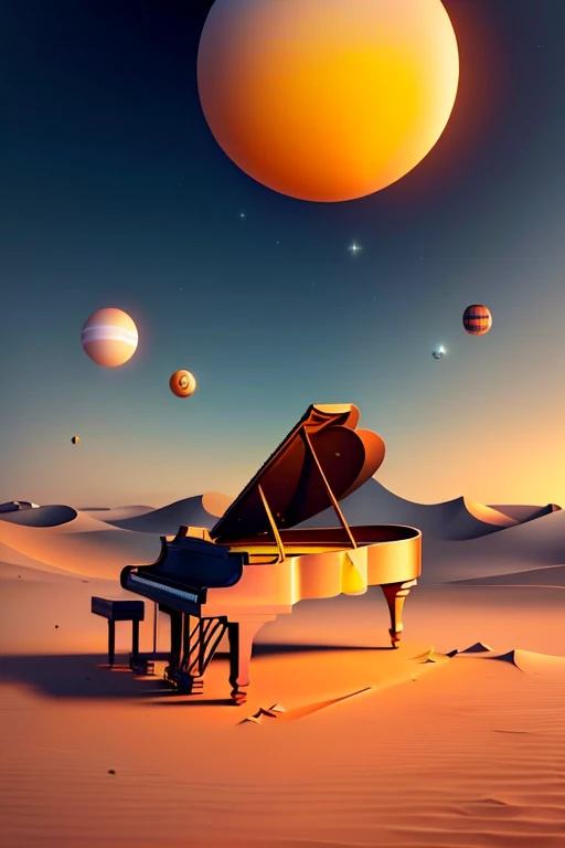 Minimalistic Surrealism: A Lone Piano in an Endless Desert
In a realm where reality dissolves into the surreal, a solitary grand piano stands tall against a backdrop of infinite sand dunes. The sun, a vibrant orb of molten gold, dips low, casting elongated shadows that dance across the desert floor. The piano keys, worn smooth from untold ages, glint with the fading light, their silent silence hinting at a symphony once played in this desolate place. The wooden body, weathered and worn, stands as a testament to the passage of time, both on the instrument and the world around it. This minimalistic surrealism inv