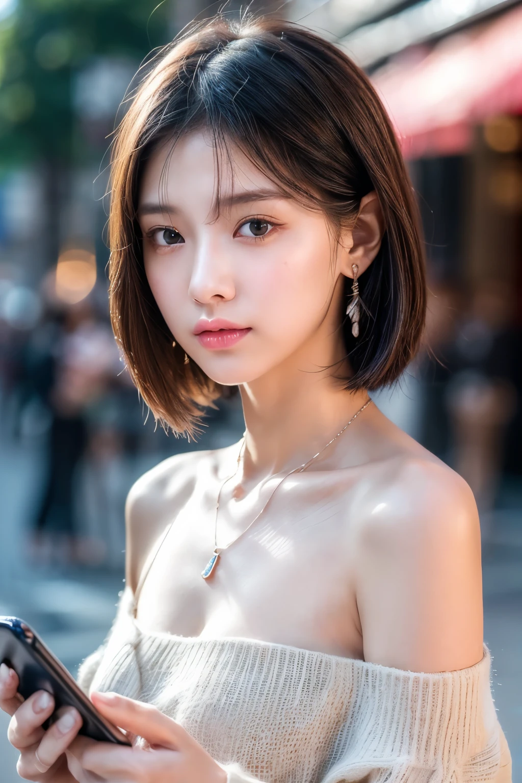 (((actual photography))),, portrait, Beauty，stunning face:1.3),, 1 Girl，Upper Body，beautiful girl, (Necklace，earrings，cell phone:1.1),（Short long hair，Off-shoulder sweater：1.5）, , (眼睛看着cell phone，看着cell phone:1.5), (environmental details:1.3),, (original photo, CG Unity, photography, ultra actual details, sharp focus, Delicate skin,4K, High resolution, masterpiece, best quality, actual, energetic:1.2),, (8K,4K, Ultra high quality, High resolution, professional, Movie般的, Movie, Dramatic),, street