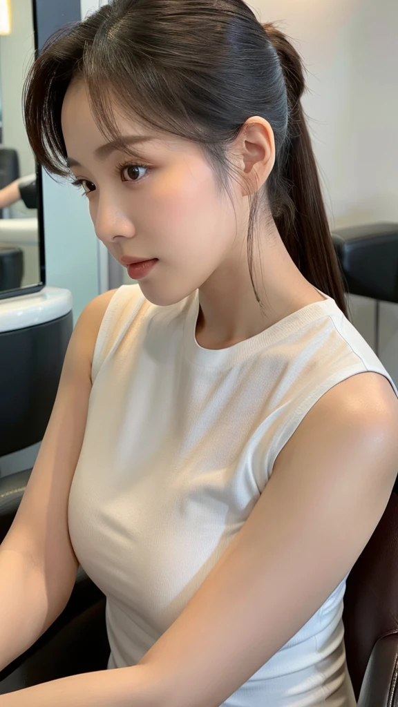close-up of beautiful korean female, 34 inch breasts size, ponytail, wearing  sleevesless shirt, in salon, UHD