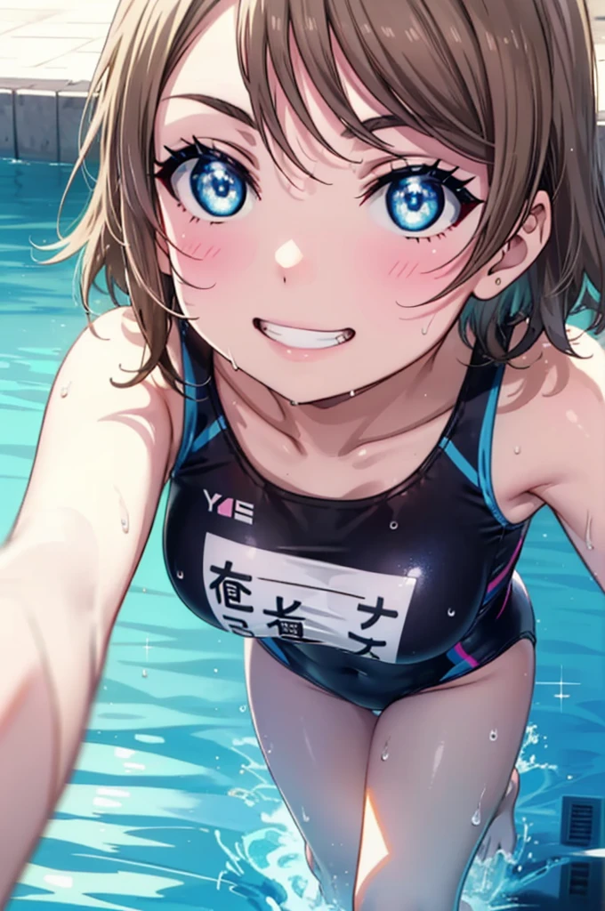 Yo Watanabe, Issei Watanabe, short hair, blue eyes, Brown Hair, smile, Grin,Swimsuit,barefoot,whole bodyがイラストに入る,Wet Hair,Wet swimsuit,Wet Skin,Walking,
break outdoors, プール
break looking at viewer, whole body,
break (masterpiece:1.2), Highest quality, High resolution, unity 8k wallpaper, (shape:0.8), (Beautiful attention to detail:1.6), Highly detailed face, Perfect lighting, Extremely detailed CG, (Perfect hands, Perfect Anatomy),