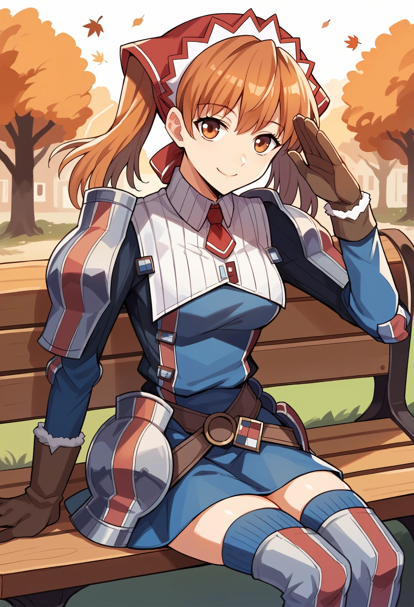 score_9, score_8_up, score_7_up, score_6_up, source_anime, BREAK 1girl, solo vcAlicia, headdress, blue shirt, armor, blue skirt, gloves, thighhighs, autumn, village, looking at you, sitting, bench, smile, salute, closed mouth