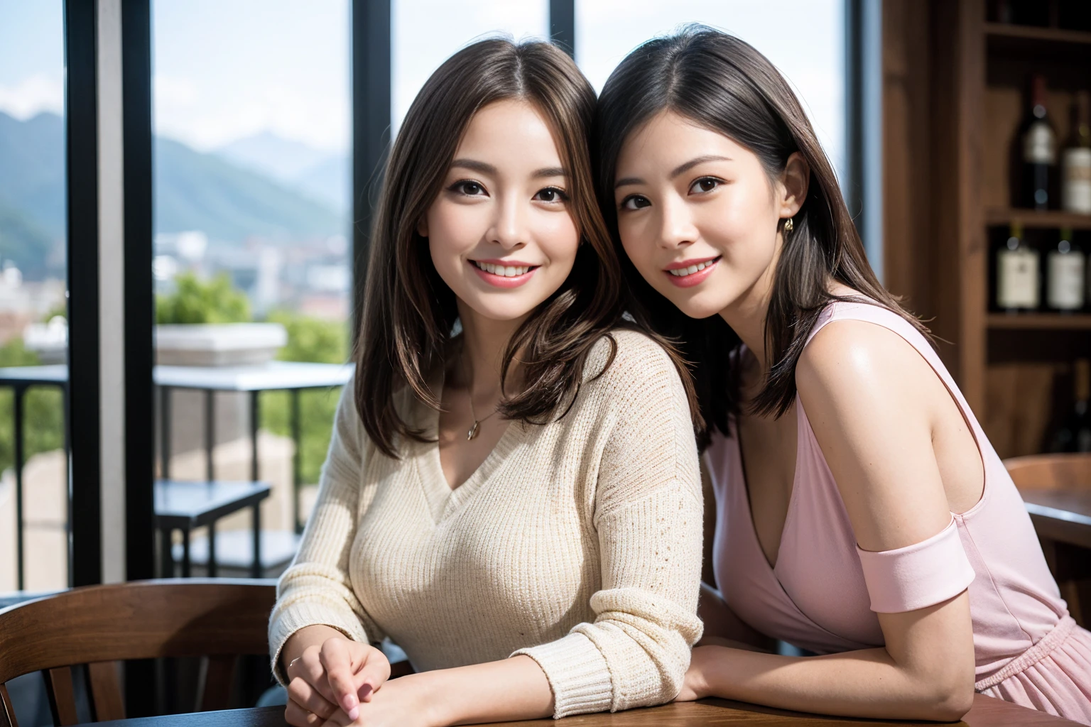 ((Highest quality、8K、masterpiece:1.3))、1 male、1 woman who resembles Satomi Ishihara、Couple、spouse、Couple、The body is slim、((Bob Hale、Straight hair:1.2)), (Realistic, Intricate details:1.2), テーブルの上のwine glass、Put the light on your face、 Amazing view of the sunset sky and clouds、Amazing mountain views、A bright smile、The wonderfulness of smile、Bright image、The beauty of wine, Beautiful Face, blue eyes, The light shines on your face, Blushing, short hair,Bright Face、42 years old), 39 years old, red wine 、Appetizers、Italian food、Wine bottle、Champagne、sparkling wine、Two beauties、Brown Hair、Shortcuts、Long sleeve shirt、dress、Beautiful woman 1, (slimな顔), (The body is slim), (Brown Hair), (Shortcuts), cheeks turn a little red,Attractive beauty、restaurant, In a prominent place (From the waist up) Nova Frog Style, actress, model, Upper Body, White wine, slim, wine glass, 中央に置かれたwine glass, smile, (smile: 1.15), Beautiful fine grain, Depth f/2,saturation, High Contrast, Strong light and shadow,Moist Body:1.5、3D texture、Delicate eyes、Brown Hair、The hair is very shiny、