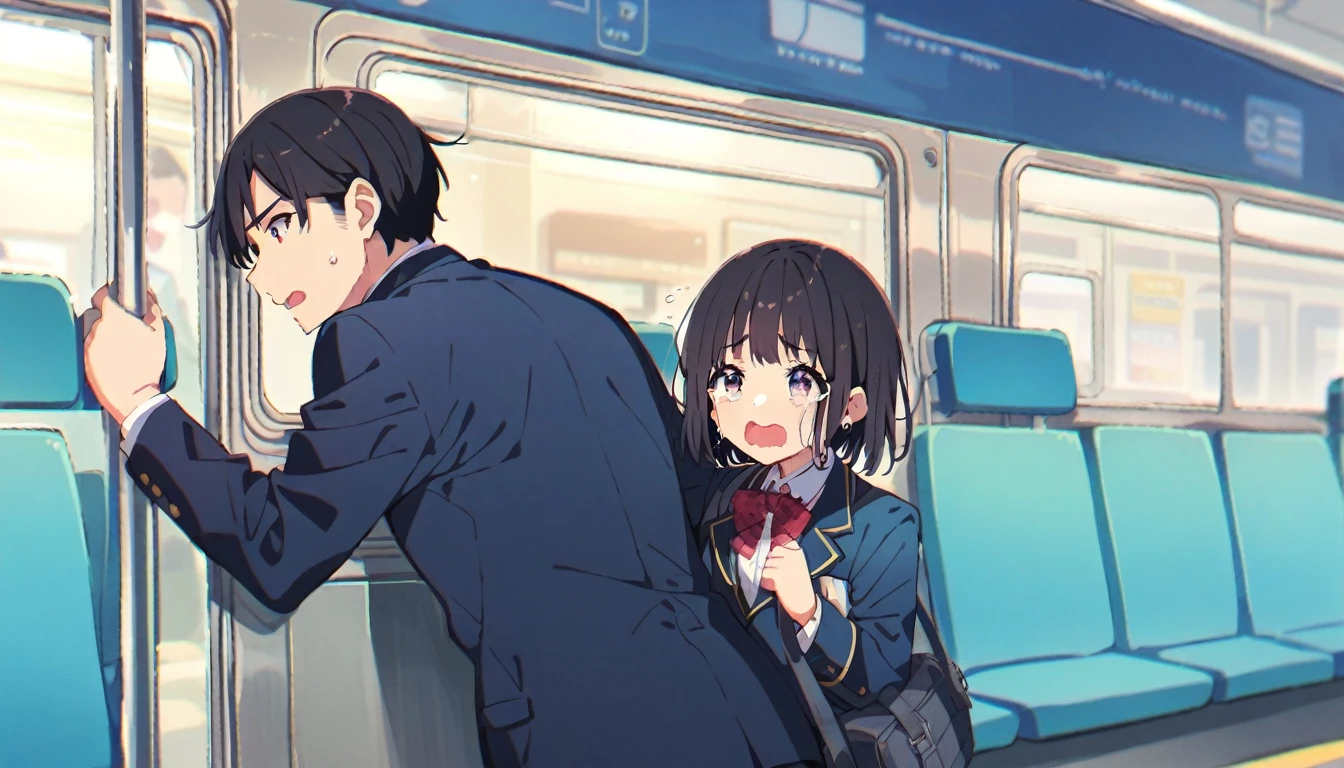 A middle-aged man is touching the buttocks of a crying girl with black bob hair and a blazer uniform who is holding on to the handrail of a train