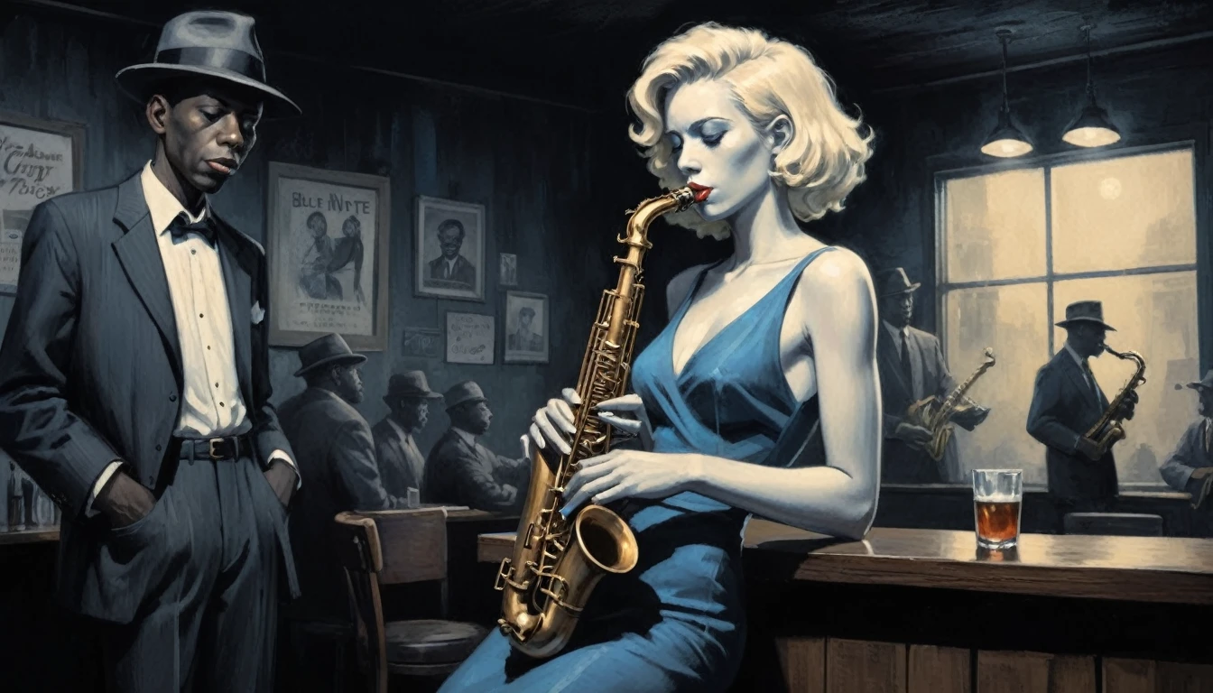 robert johnson, gritty, alabama bar, blue note, charismatic , illustration, noir fantasy, lone blonde lady, sad ending, saxophonists