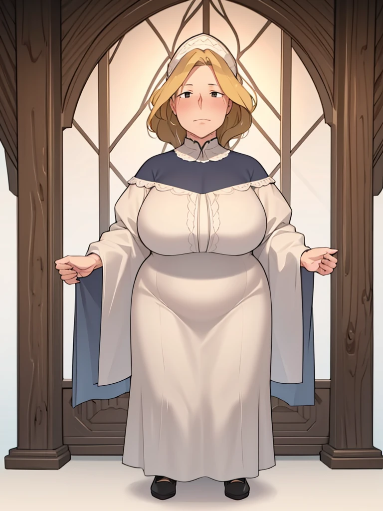 White background, Full body illustration, illustration portfolio, granny, blonde, mature female, plump, medieval European, villager, blonde, long back hair,full body image