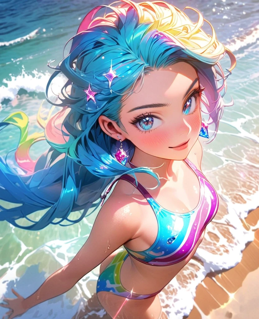 8K,gal,Beautiful and realistic skin,Shiny jewel-like earrings,glowing tattoo,Long colerful hair,blue eyes,Sparkling landscape,whole body,colorful swimsuit,Summerbeach,Splash