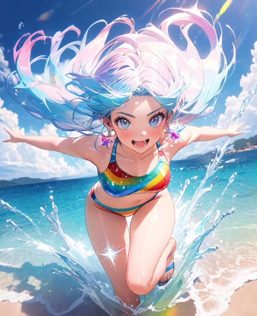 8K,gal,Beautiful and realistic skin,Shiny jewel-like earrings,glowing tattoo,Long colerful hair,blue eyes,Sparkling landscape,whole body,colorful swimsuit,Summerbeach,Splash