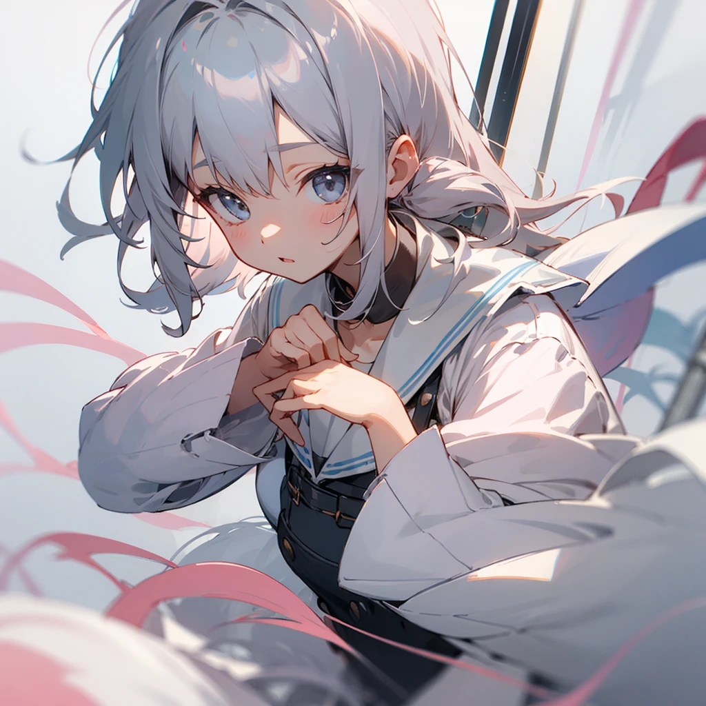 Girl、Gray Hair、Light Pink、white collar、cute、Thin lines、Moe sleeves