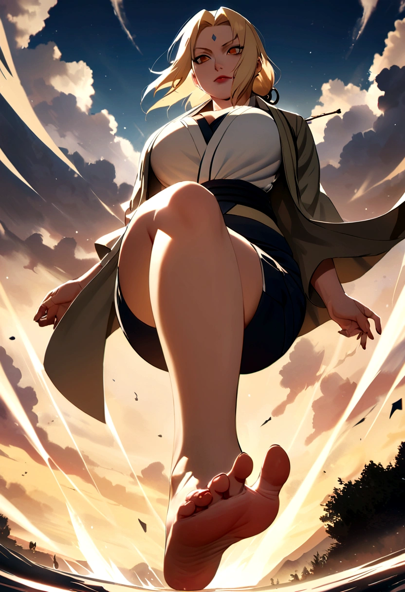 tsunade from naruto, white shirt, shorts, full body, perfect detailed feet, whole foot.