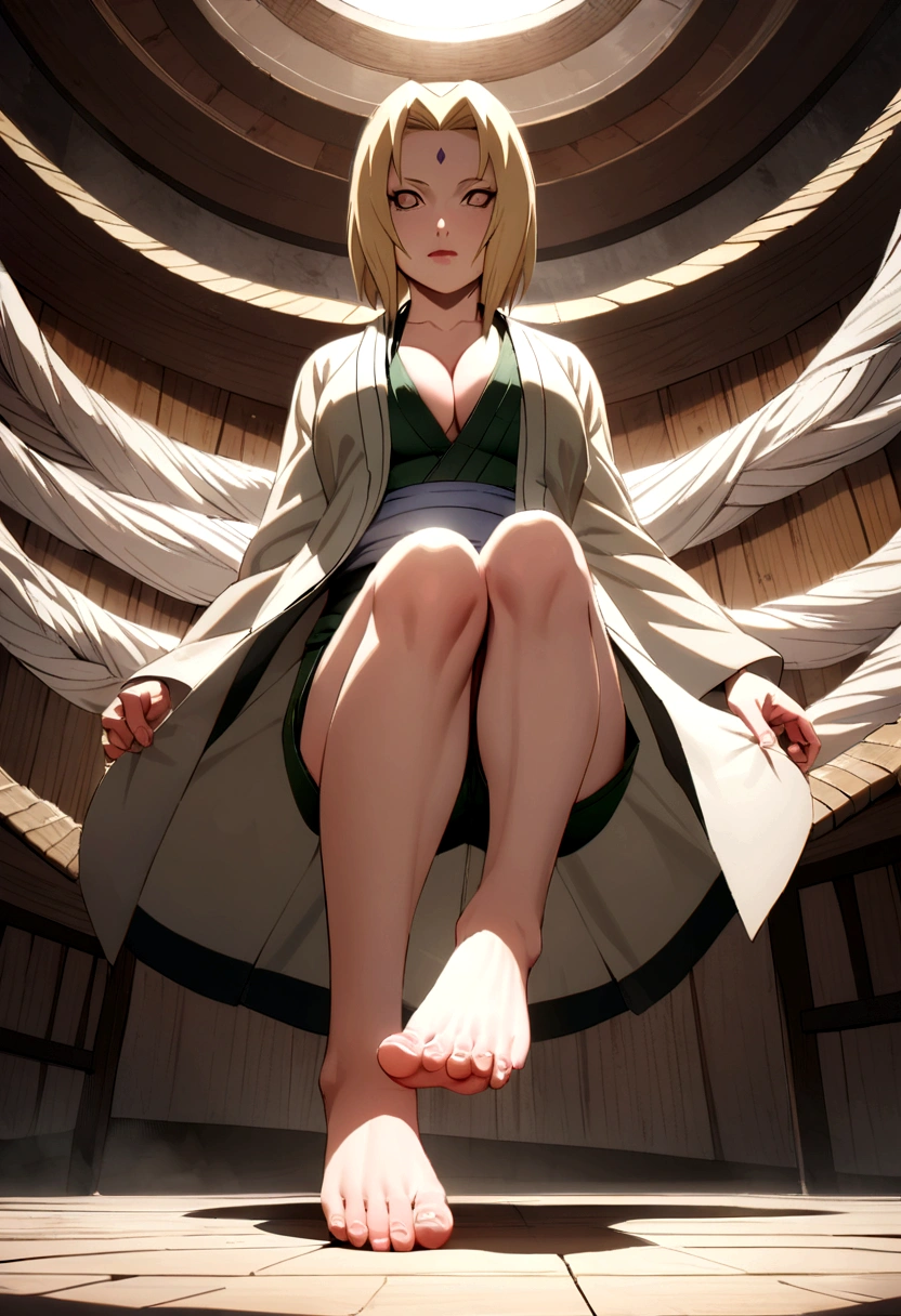 tsunade from naruto, white shirt, shorts, full body, perfect detailed feet, whole foot.