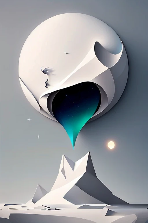 Minimalistic Surrealism -- S2: A single, ethereal moon hovering above a desolate plain, its glow casting ghostly shadows on the barren landscape. The scene is dotted with enigmatic, geometric structures that seem to defy gravity, their sharp edges and clean lines contrasting starkly with the organic forms of the surrounding plants. In the distance, a solitary figure stands, shrouded in an iridescent, misty fog. The figure wears a monochrome cloak adorned with intricate symbols, their features indistinct yet hinting at a sense of profound wisdom. This minimalistic surrealism, a playground of dreams and reality, invites the view