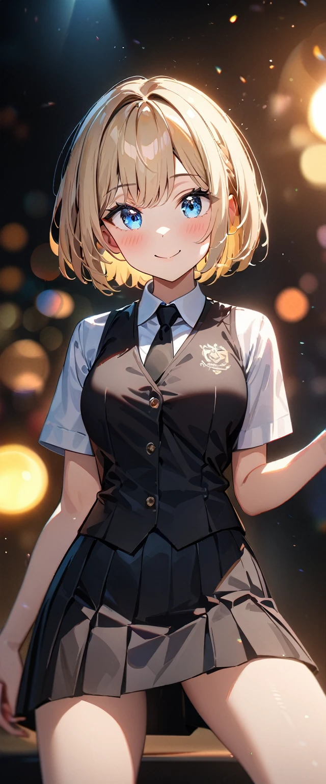 (((One girl))), blond hair, bob cut, (cowboy shot), (looking at viewer), face in focus, breasts, teenager, head tilt:1.3, (((blue eye))), ((happy smile)), ((blush)), contrapposto, school summer uniform, white shirts, ((black tie under the waistcoat)), black skirt, black waistcoat, anime style, (best quality, 4k, 8k, highres, masterpiece:1.2, ultra-detailed, ultra-detailed eyes, HDR, UHD, studio lighting, ultra-fine painting, sharp focus, physically-based rendering, extreme detail description, professional, vivid colors, bokeh)