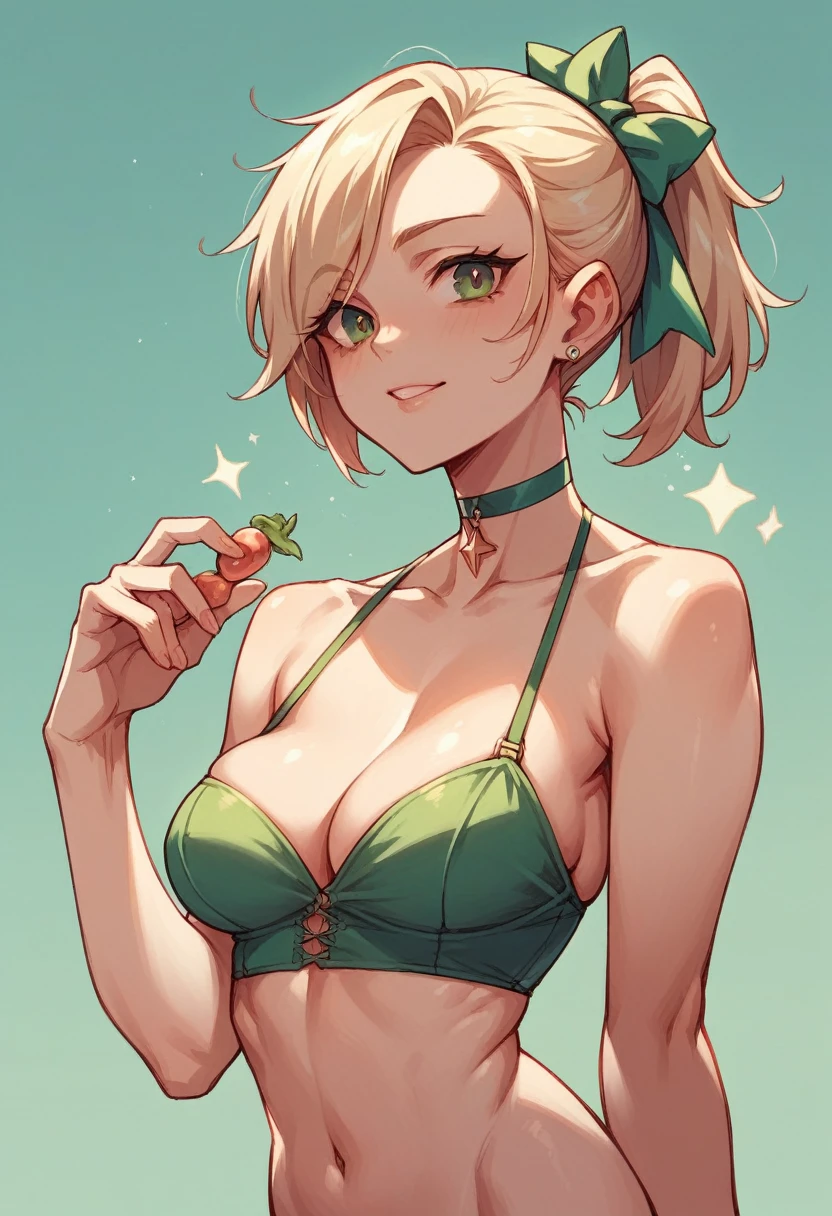 She is a thin bright pink with dark pink lips and blonde hair tied into a ponytail. She wears a bright green swimsuit that consists of a bright green bra and skirt. SPARKLE; GLITTER