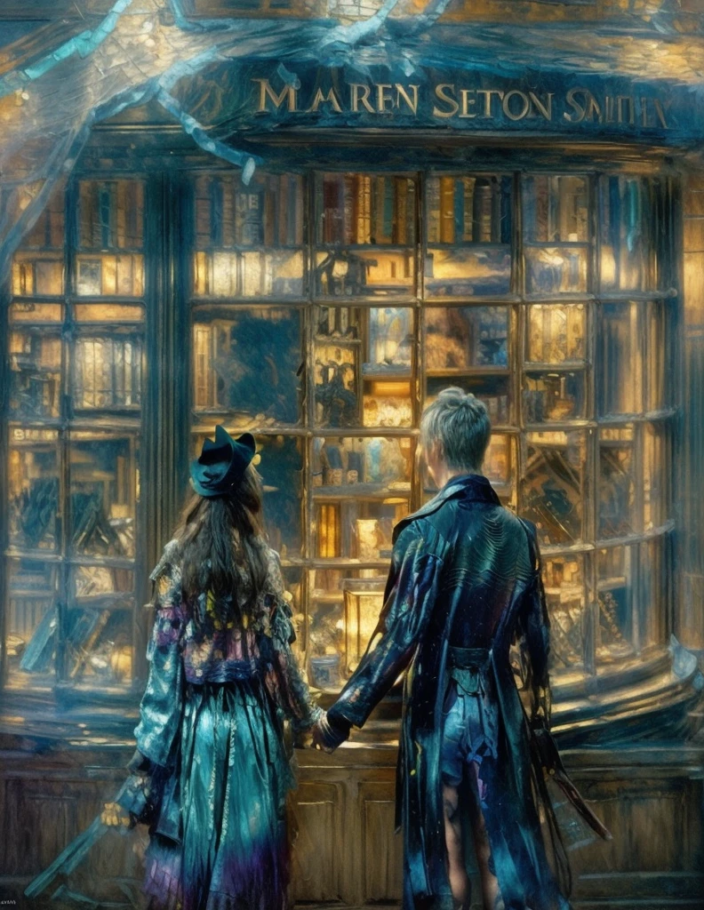 illustration of Hermione Granger in a coat standing next to Draco Malfoy in a dark coat, looking into a brightly lit beautiful store window, holding hands, late autumn, leaves flying, atmosphere of sadness, blue, cyan, cyan, warm light of the shop window, backlight, incredibly detailed and incredibly beautiful night style Jose Royo, Boris Vallejo, Carne Griffiths, Wadim Kashin, Harrison Fisher, Brian Froud and Jeremy Mann, epic setting, black light show, varying styles of Steadman, Hanuka, Klimt, Bell, Hobbie, Newton, greg rutkowski, atmospheric, artstation trend, artgerm, deviant art, octane, masterpiece, complex art, details Intricate, matte painting movie poster, golden ratio, trending on cgsociety, incredibly detailed and incredibly beautiful
i, Jamie Wy