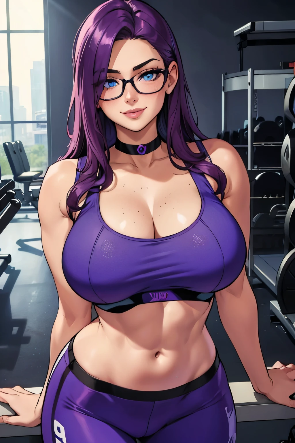 Beautiful mature woman, purple hair, blue eyes, thin frame eyeglasses, extremely long hair, messy hair, hair covering one eye, freckles on face, smiling, blushing, thick lips, full lips, huge breasts, extreme cleavage, deep cleavage, very thin body, muscular abs, blue sports bra, midriff, sleeveless, bare arms, low waist yoga pants, heart shaped choker, perfect anatomy, ultra-detailed, 4k, 8k, best quality, masterpiece, detailed background, gym background, exercising