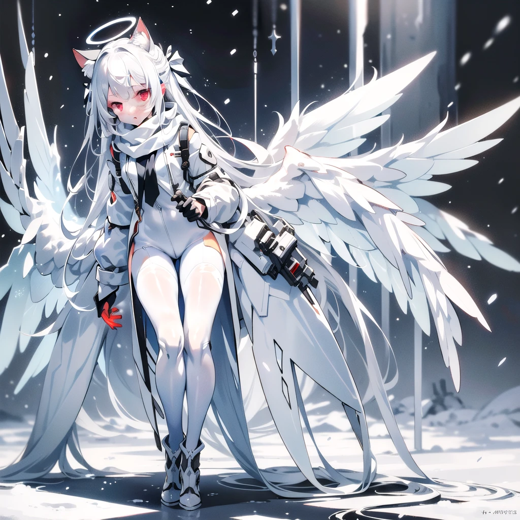 masterpiece, highest quality, highest resolution, clear_image, detailed details, White hair, long hair, cat ears, one girl, red eyes, white pantyhose, sci-fi military clothing, white scarf with a light blue glow, gray futuristic halo (gray halo over the head), white wings (4 wings), cute, full body, no water marks, snow (falling snow)