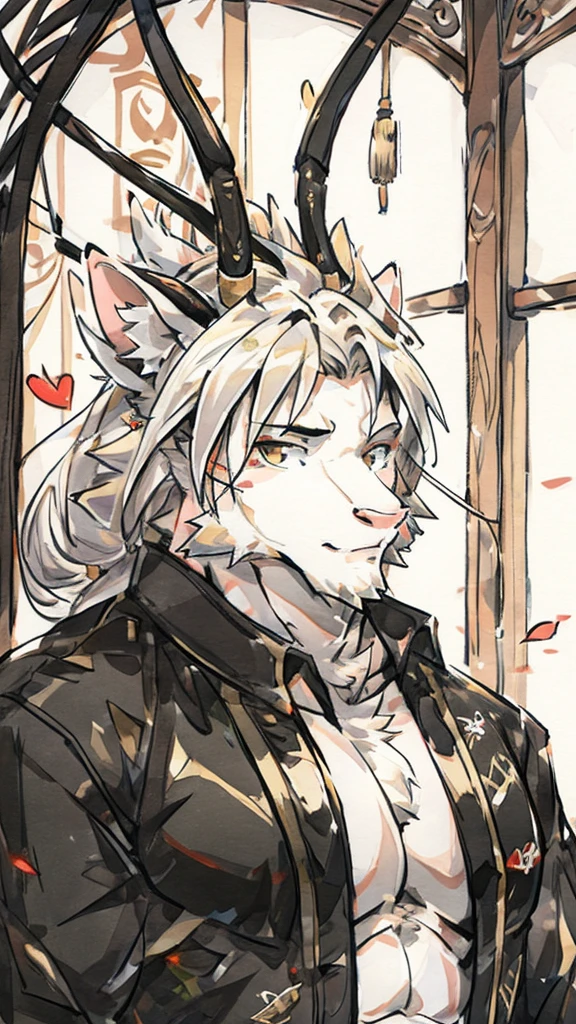 (white eastern dragon),furry,white mustache,big pecs,hearty males,muscular,black imperial robe,adult,traditional_chinese_room,head portrait