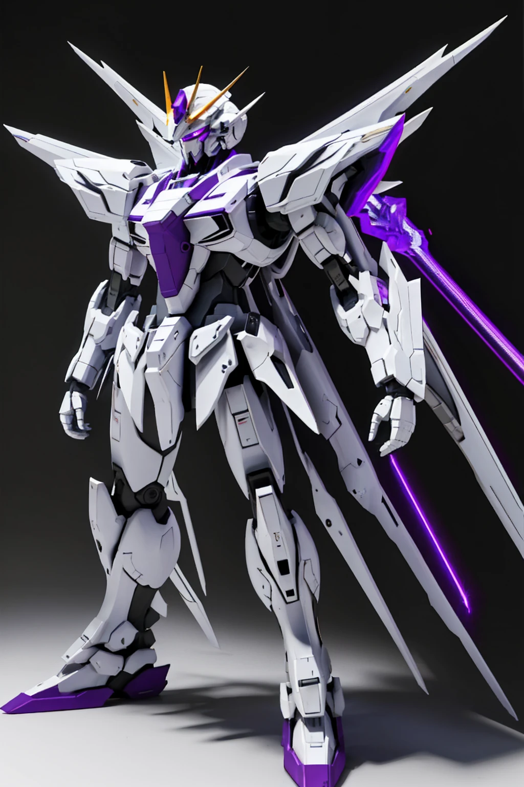 whole body,Standing posture, (White fuselage,Purple Lightning,Fighter,Gundam style,A slim body),(White background)