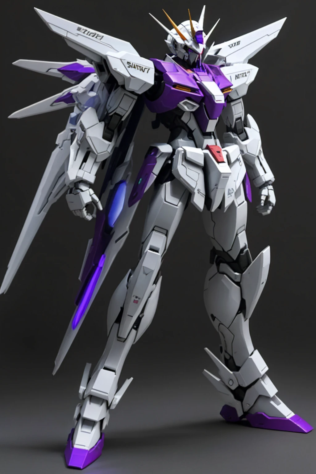 whole body,Standing posture, (White fuselage,Purple Lightning,Fighter,Gundam style,A slim body),(White background) 
