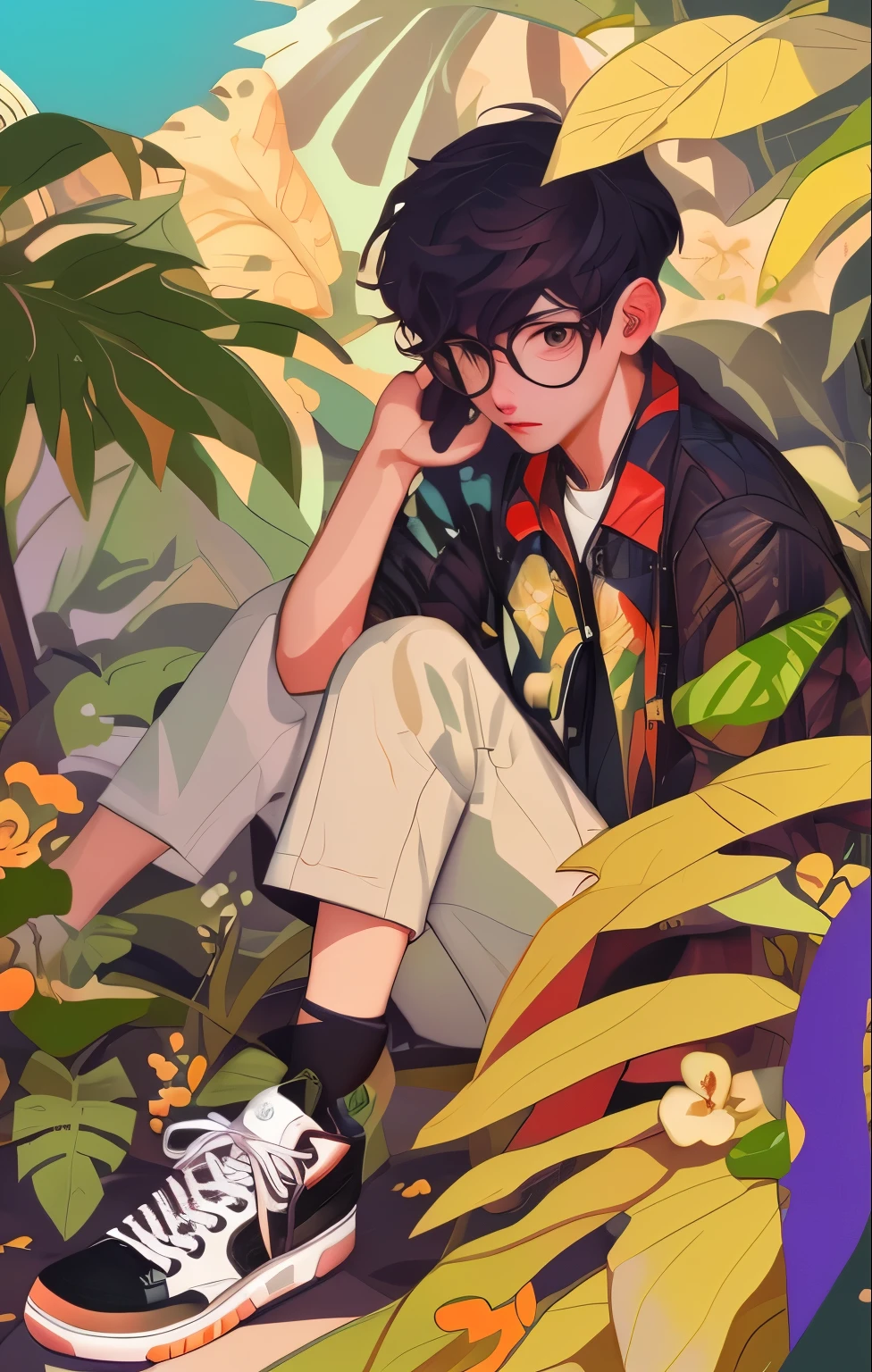 there is a man sitting in the grass with a pair of sneakers, anime lush john 8k woods, trending on artstration, detailed fanart, digital anime illustration, official fanart, artwork in the style of guweiz, high quality fanart, lofi artstyle, inspired by jeonseok lee, covered in plants, amongst foliage, highly detailed exquisite fanart, lofi portrait