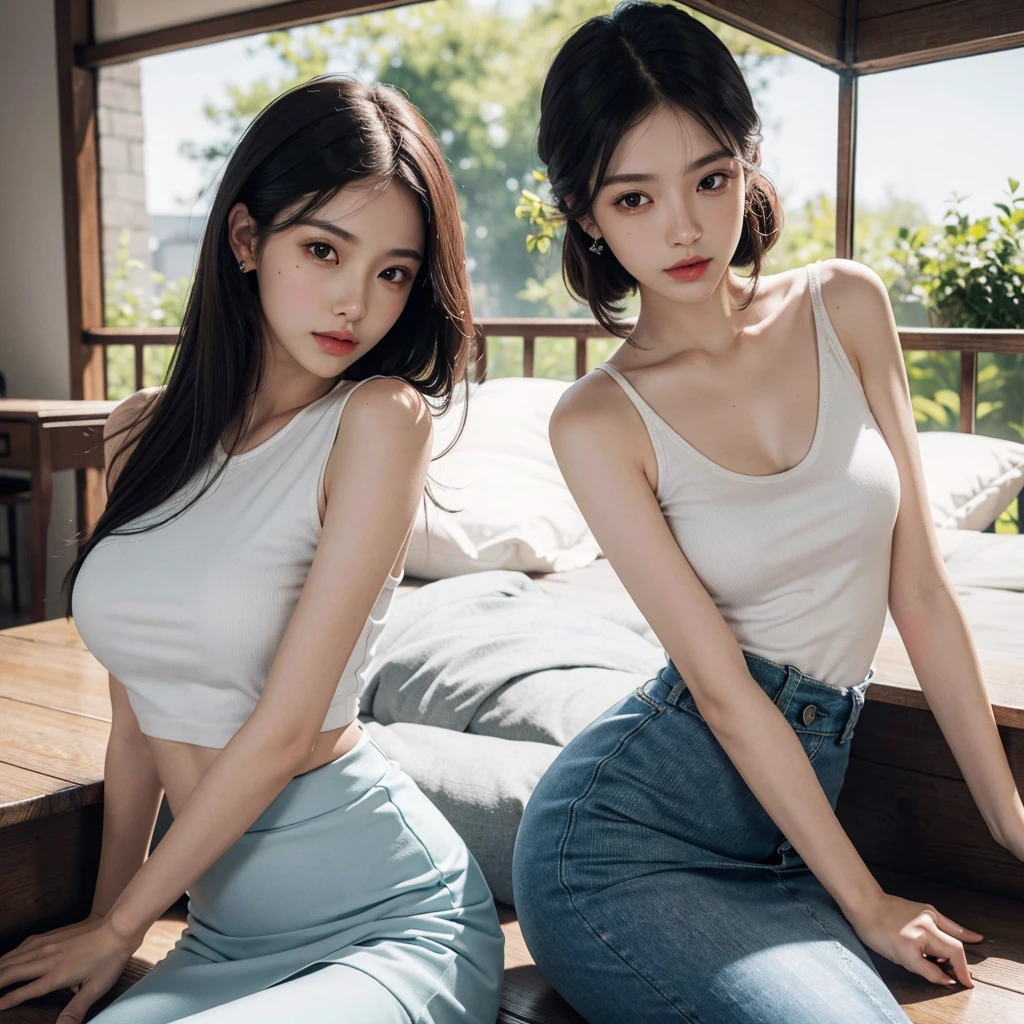 absurdres, RAW photo, extremely delicate and beautiful, masterpiece, Best Quality, ultra high resolution, 32k, hyperrealistic, ultra-detailed, perfect anatomy, super Detailed skin, perfect figure, Japanese woman, late 20s, very Slim body, narrow waist, very small head, handsome detailed woman, very detailed eyes and face, realistic face proportions, Stunning detailed eyes, Realistic beautiful face, very small face, Realistic small beautiful eyes, tearful mole, earring, beautiful and very thin legs, beautiful and very thin thighs, ((very huge round breasts)), medium hair, black hair, ((full body shot)), ((3 girls)), ((shirt)), ((sleeveless)), pencil skirt,