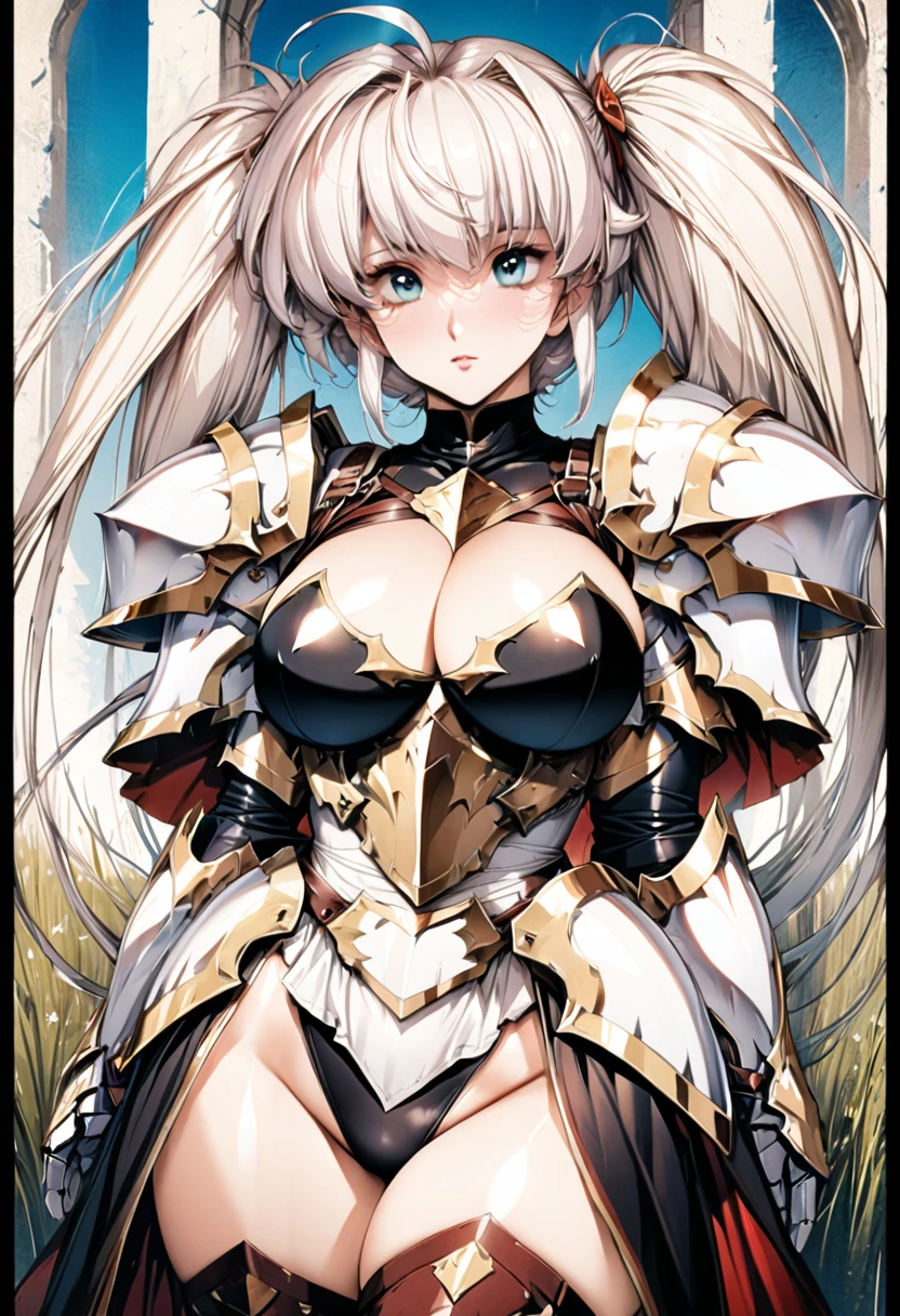 ((highest quality)), ((masterpiece)), ((hyperrealistic)), (detailed background), solo, 1girl, ((curvy: 1.2)), kawaii, ((armored dress: 1.3)), langrisser, silver long twin tail hair, Ahoge, (paladin magic armor), ((black tight-fitting leotard bodysuit)), ((huge breasts)), ((arm guard gauntlet)), (metal harness breastplate), body harness, belt waist armor, ((zettai ryouiki knee socks boots)), (big butt), (cleavage cutout), (Groin), (thighs), beautiful aqua eyes, droopy eyes, perfect face, Perfect hands, perfect fingers, Blue sky and grassland, posing, elegant pose