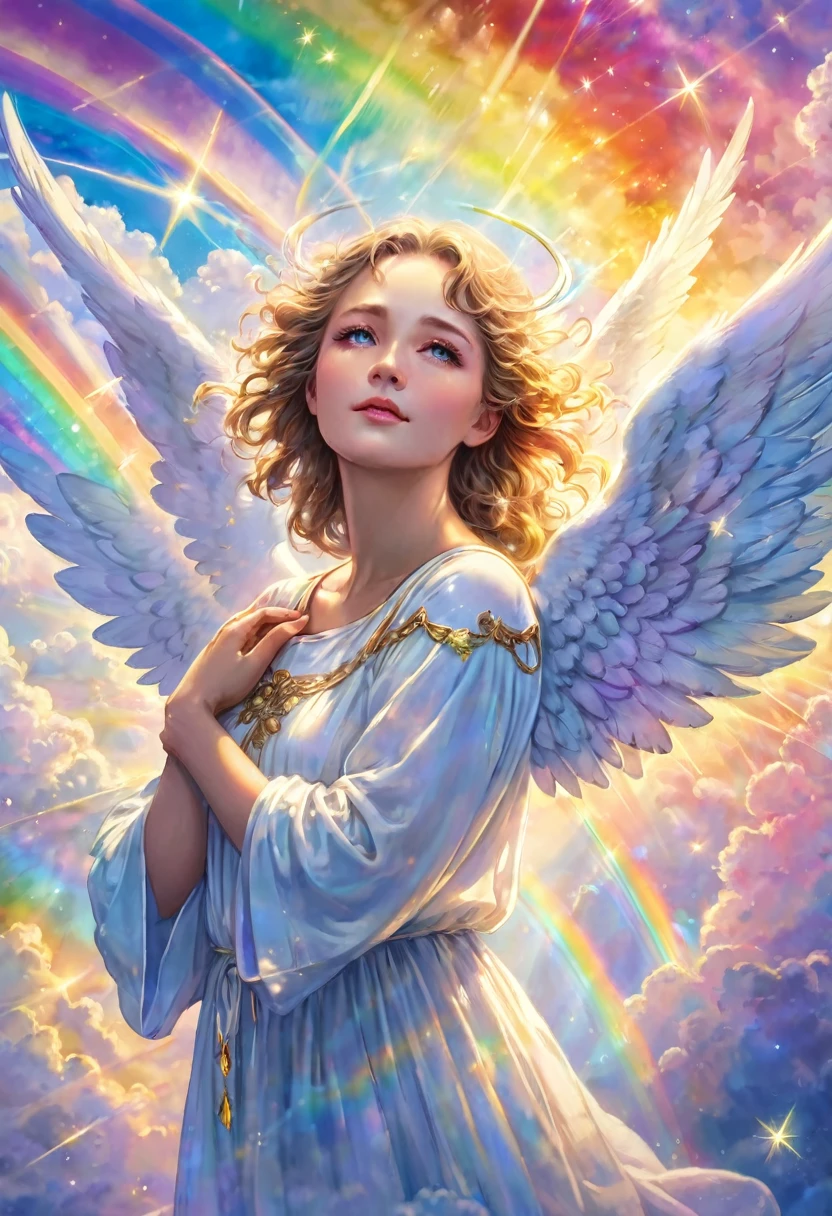 Close-up of an angel remembering memories, miracles, touching, love, healing, clouds, heaven, shooting stars, big rainbow colored light