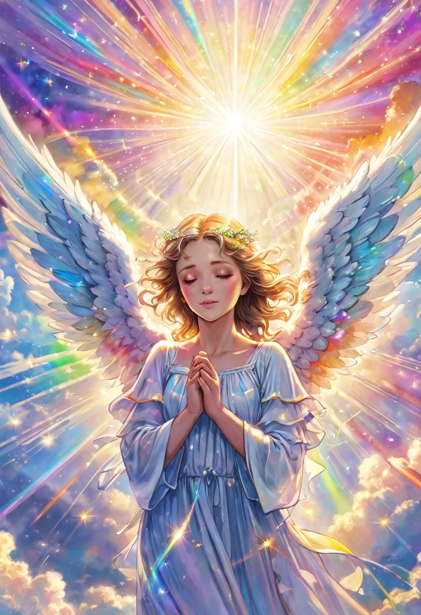 Close-up of an angel remembering memories, miracles, touching, love, healing, clouds, heaven, shooting stars, big rainbow colored light