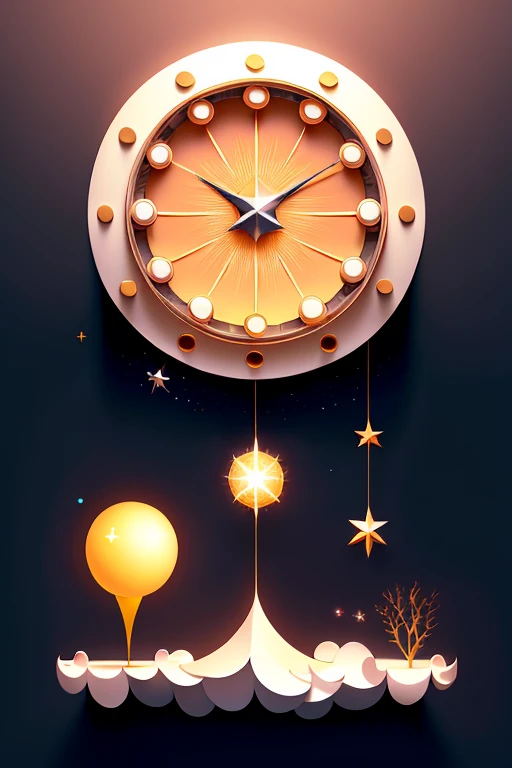 Minimalistic Surrealism Scene: A Single, Radiant Star Floats in the Void, Surrounded by an Infinite Array of Empty Clocks, Hanging Mid-Air, Ticking Away the Unknown Passage of Time.