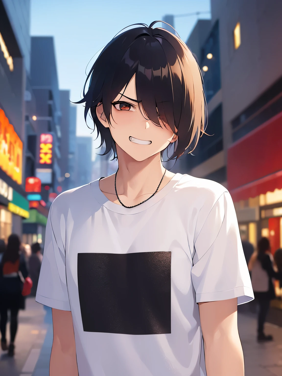 side angle, upper body、masterpiece、Highest quality、BREAK (25-year-old male:1.5) and (Brown short hair) and (Orange eyes) and (jitome) and (hair over one eye) BREAK 白いTシャツ, Are standing、The background is a shopping street at night、(scowl:1.5), (grin:1.2), Upper body is shown