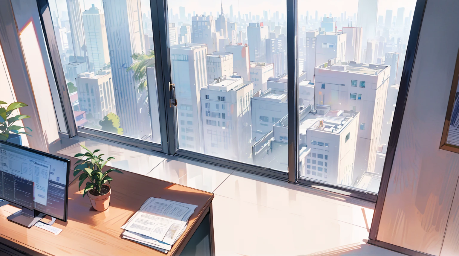 (best quality,masterpiece:1.2,detailed details,4k),((best quality)), ((masterpiece)), (detailed), office, president's office, floor-to-ceiling windows, top-down view scene,Potted plants,There is a computer and documents on the desk
Upward shot
