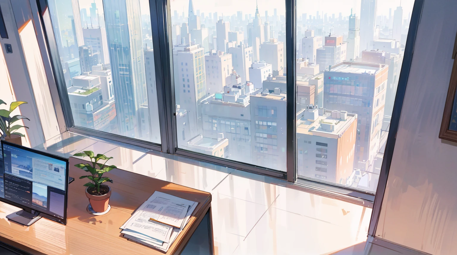 (best quality,masterpiece:1.2,detailed details,4k),((best quality)), ((masterpiece)), (detailed), office, president's office, floor-to-ceiling windows, top-down view scene,Potted plants,There is a computer and documents on the desk
Upward shot