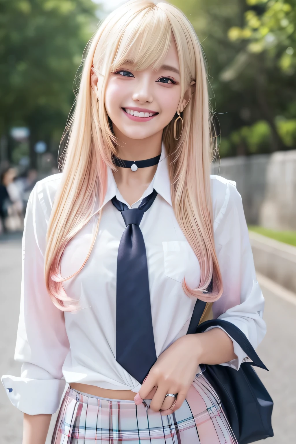 mix 4, (8K, RAW photo, highest quality, masterpiece: 1.45), (realistic, photorealistic: 1.37), Kitagawa Marine, (blonde hair, pink gradient hair:1.5), ((long hair:1.5, Sink bangs,colorful hair, red eyes)),(((indian style)))、japanese woman, 16 years old,high school student、model body shape, (big breasts:1.1), thin waist, beautiful face, beautiful eyes, , jewelry,earrings, white shirt, Tied shirts, black choker, blue tie, plaid skirt, white panties、grin and laugh, smile, Are standing, cowboy shot, schoolyard、hight school, 1 girl, alone, detailed face and eyes, upper body photo. realistic, realistic.MarinGyaru,school_uniform