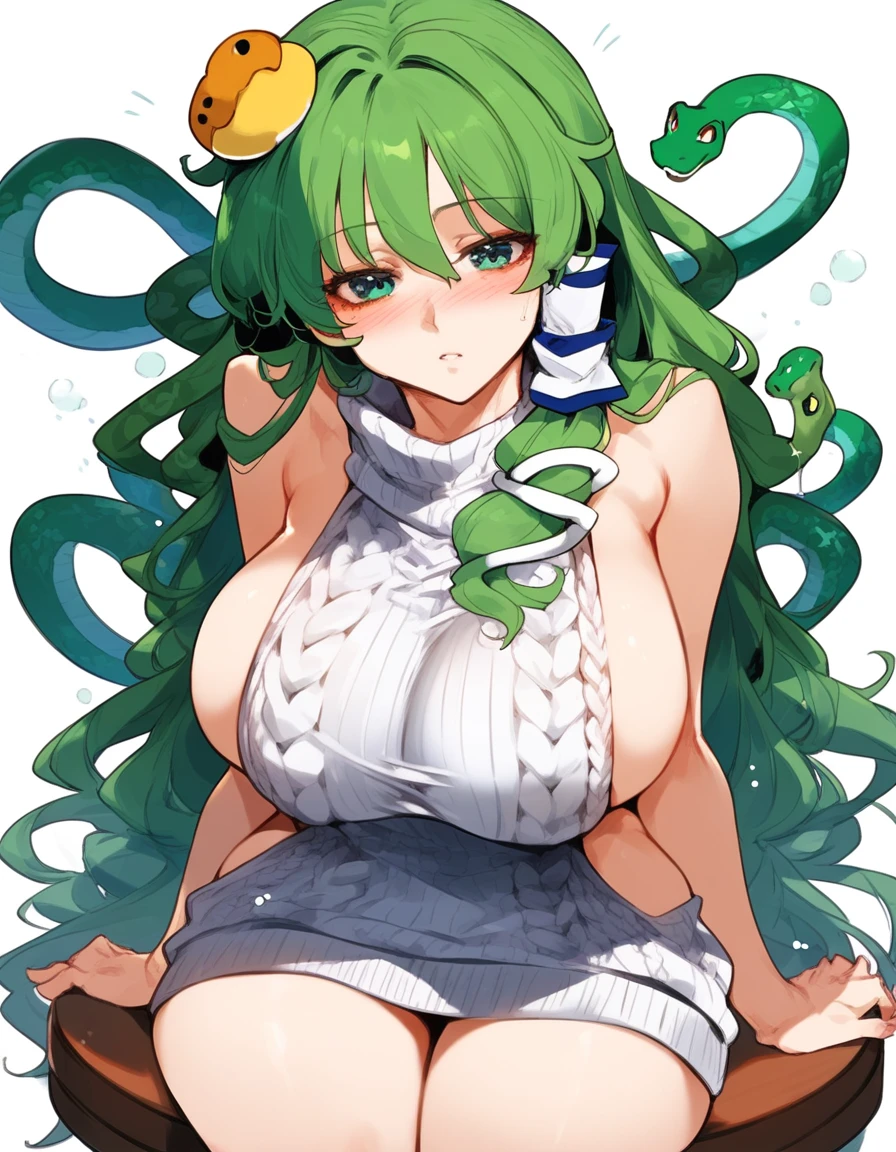 Expressive, score_9, score_8_up, score_9_up, Touhou, masterpiece, high quality, highly detailed, 1girl, kochiya sanae, solo, green hair, long hair, green eyes, long hair, big breasts, blush, round breasts,,,,,, frog hair ornament, hair tubes, snake hair ornament,,,, thin waist, sit on stool, white background,, virgin killer sweater, 
