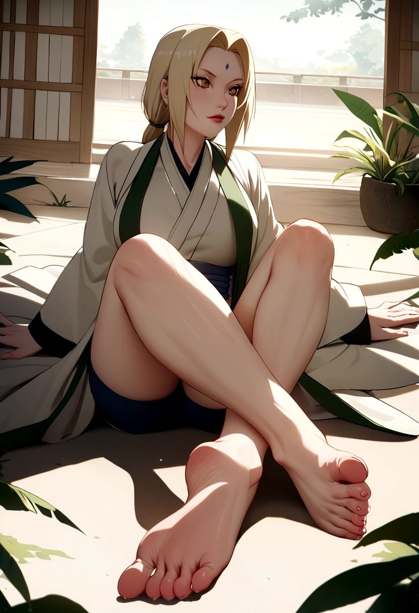 tsunade from naruto, white shirt, shorts, full body, perfect detailed feet, whole foot.