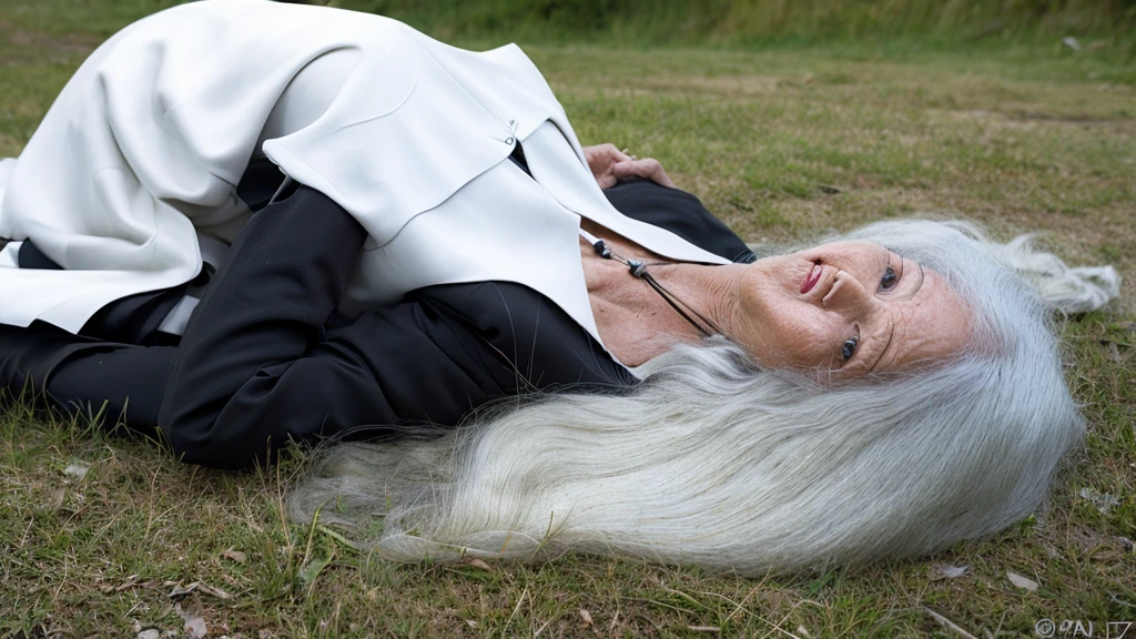 photo of moises, already elderly with long white hair, lying dead on the ground on top of a hill