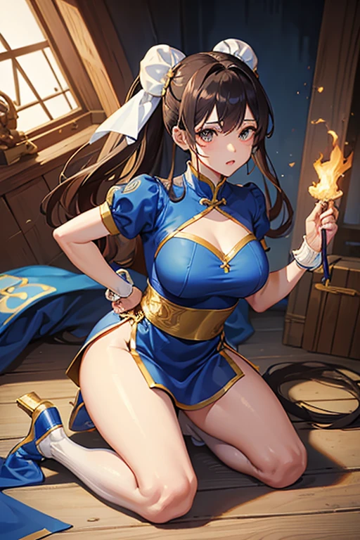 Chun-Li from Street Fight II,Chun-Li Costume,Blue Chinese dress with gold lines,Bunhead、Highest quality, 超High resolution、(High resolution)、(8K)、(Very detailed),Diagonal bangs、masterpiece, Highest quality, masterpiece, Highest quality, Brown eyes with white sclera, Bad move -5, alone, 1 Girl, Brown Hair, From SF2, Muscular woman, Blue clothes, pantyhose, Pelvic Curtain, Puff short sleeves.
His hands are tied up with a thick rope。
Both legs are tied with a thick rope。
On one knee。
(((pantyhoseは切り刻まれている。)))
The blue cheongsam is cut into pieces。
Her breasts are peeking out from the crack。
Bleeding from arms or legs。
Crippling。
I am in agony。
You are under attack by an enemy。
I'm somehow maintaining my posture。