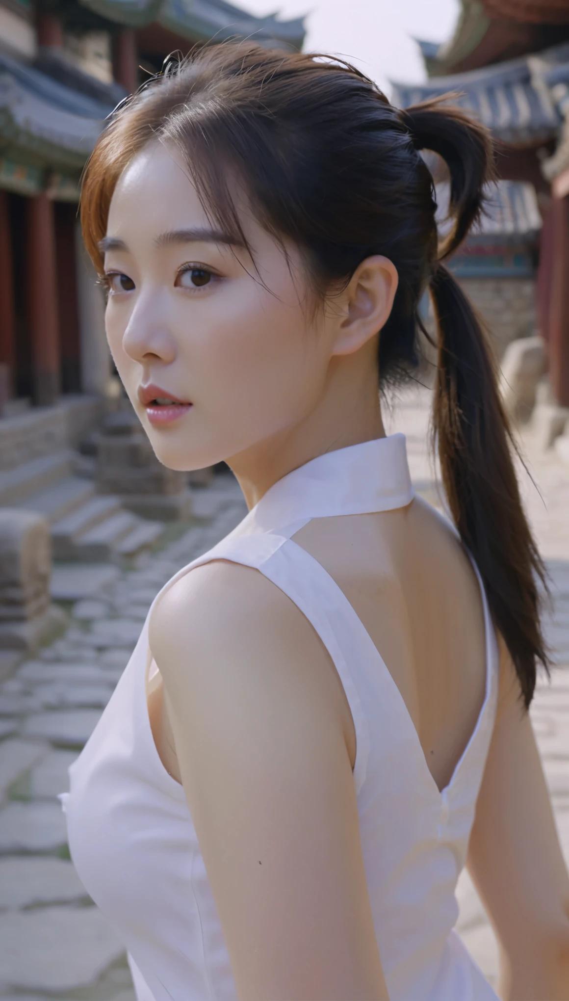 extreme close-up of beautiful korean female, 34 inch breasts size, ponytail, wearing  sleevesless shirt, walking in ancient city, cinematic scene,UHD