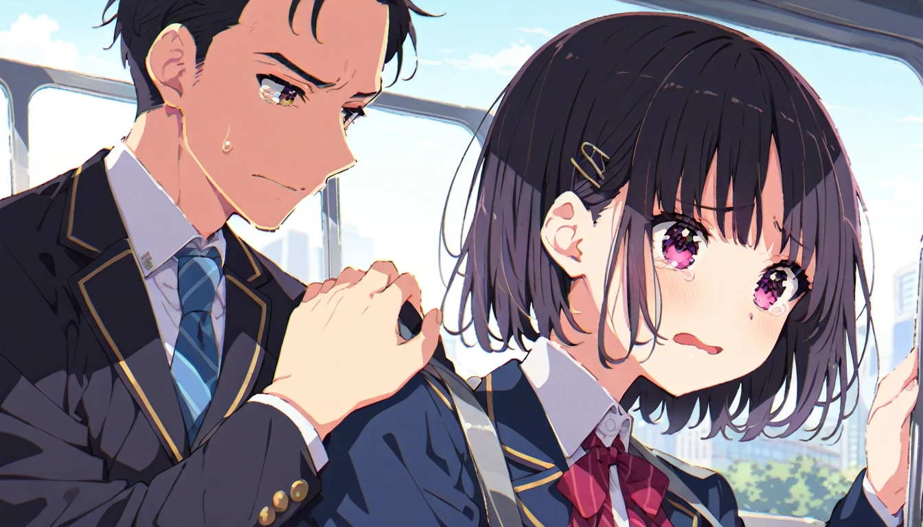 A middle-aged man is touching the buttocks of a crying girl in a blazer uniform with black bob hair who is holding on to the handrail of a train