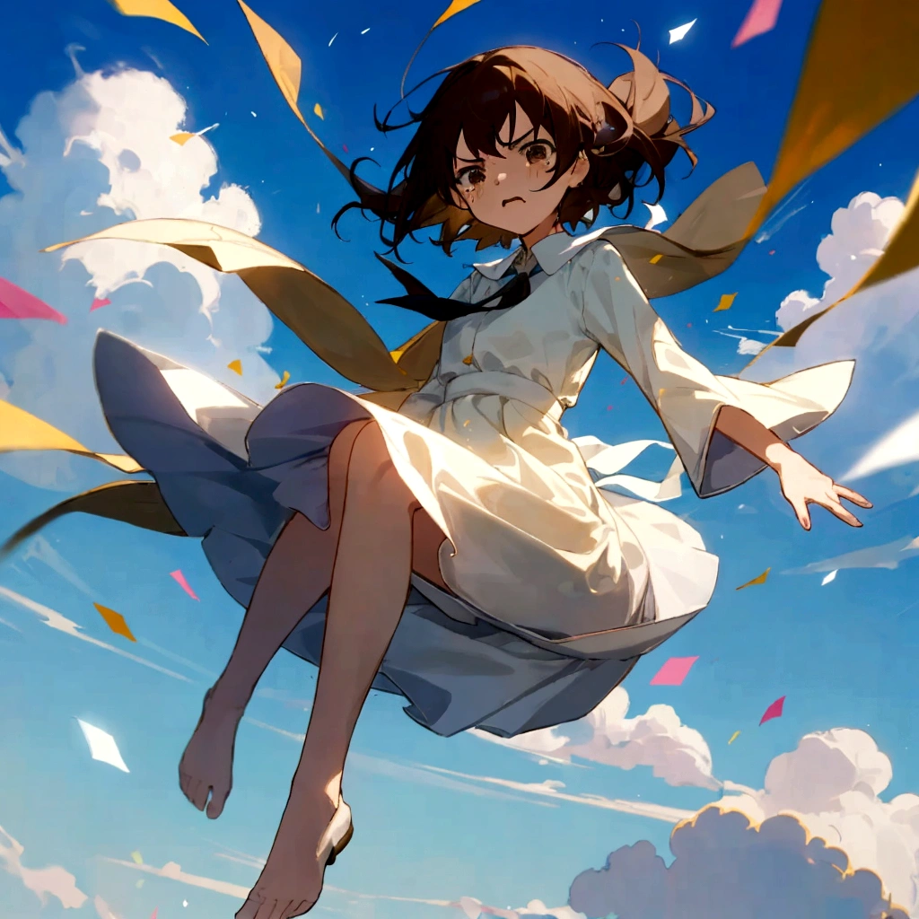 ((Highest quality)), ((masterpiece)), ((Very detailed)),Floatingする女の子,Angry expression,floating,Floating,Confetti,Brown Hair,tears,Levitating,Blue sky background,Feet in the air,tears,gravity,Long skirt,loafers,Raise both hands