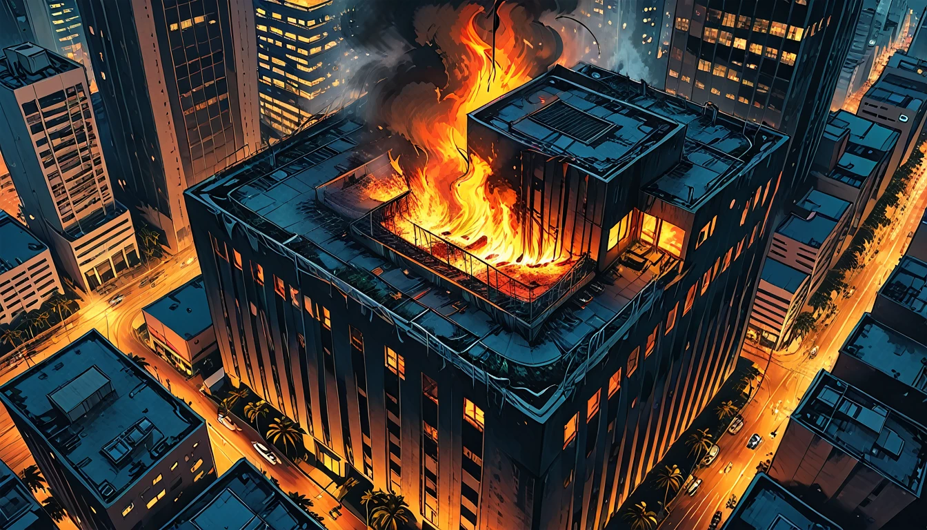 burning skyscraper,
(outside of a skyscraper), night, dark, 
the light is only from a skyscraper, tropical, top view, palm, ((bird's-eye view)),
skyscraper, tropical island,  graphic style of novel comics,  2d, 8k, hyperrealism, masterpiece, high resolution, best quality, ultra-detailed, super realistic, Hyperrealistic art, high-quality, ultra high res, highest detailed, lot of details, Extremely high-resolution details, incredibly lifelike, colourful, soft cinematic light,